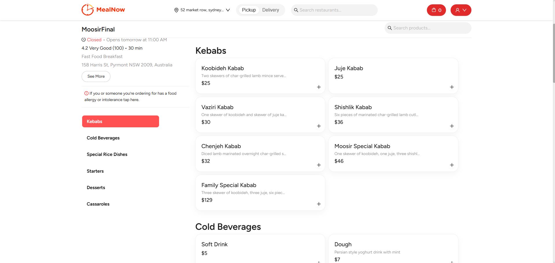 Restaurant categories and products
